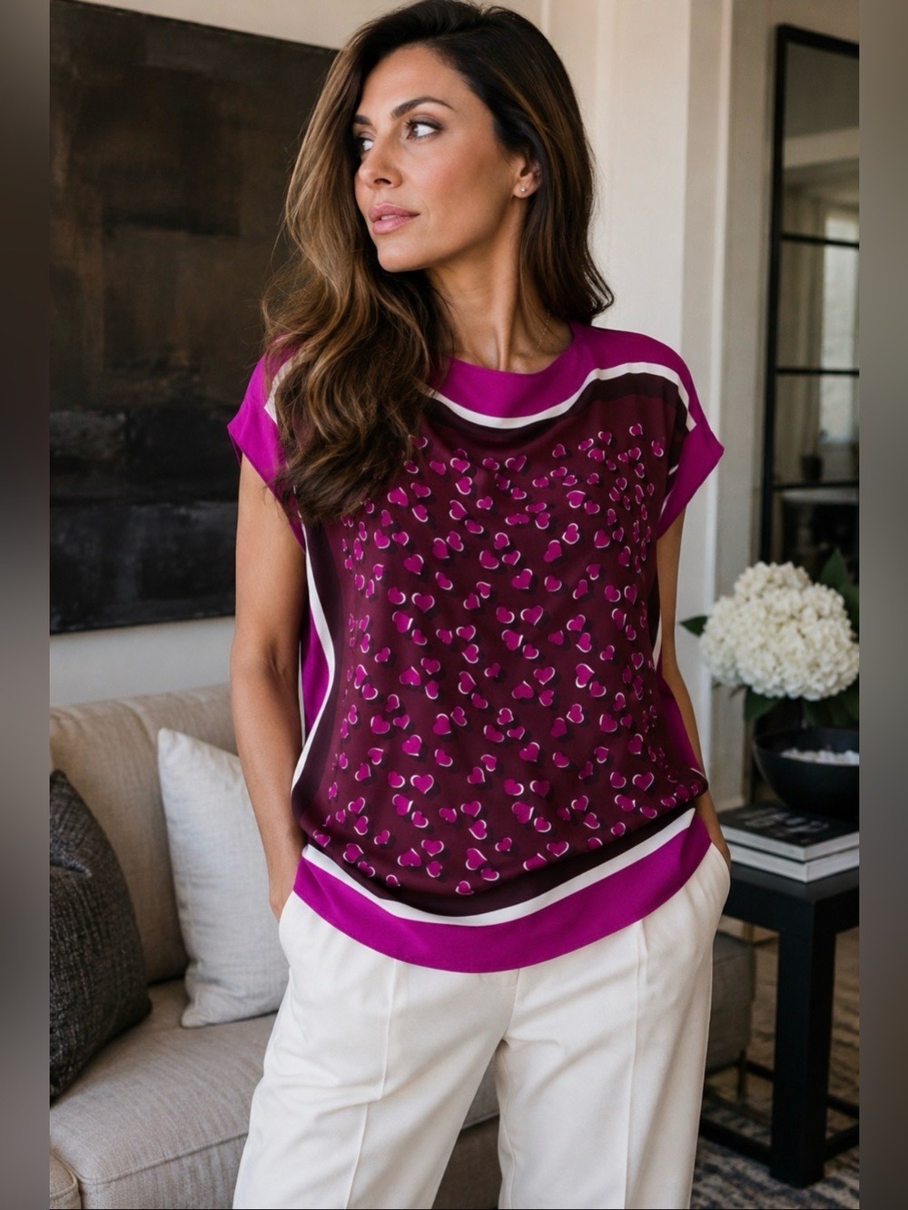 Gucci Floating Hearts Silk Blouse Fuchsia Maroon Italy Luxury Designer S/Med